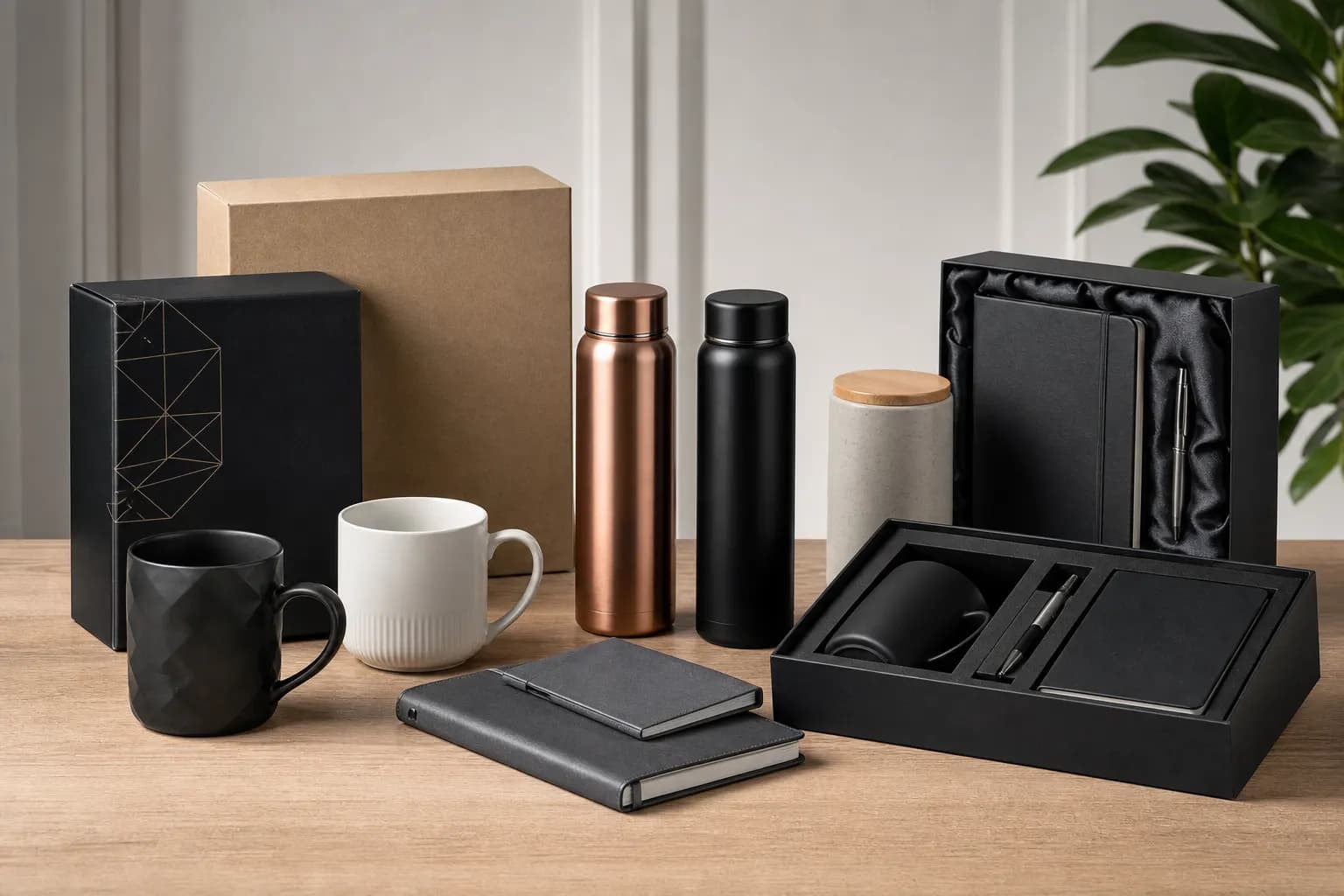 Set de regalos corporativos con mugs, botellas y cajas