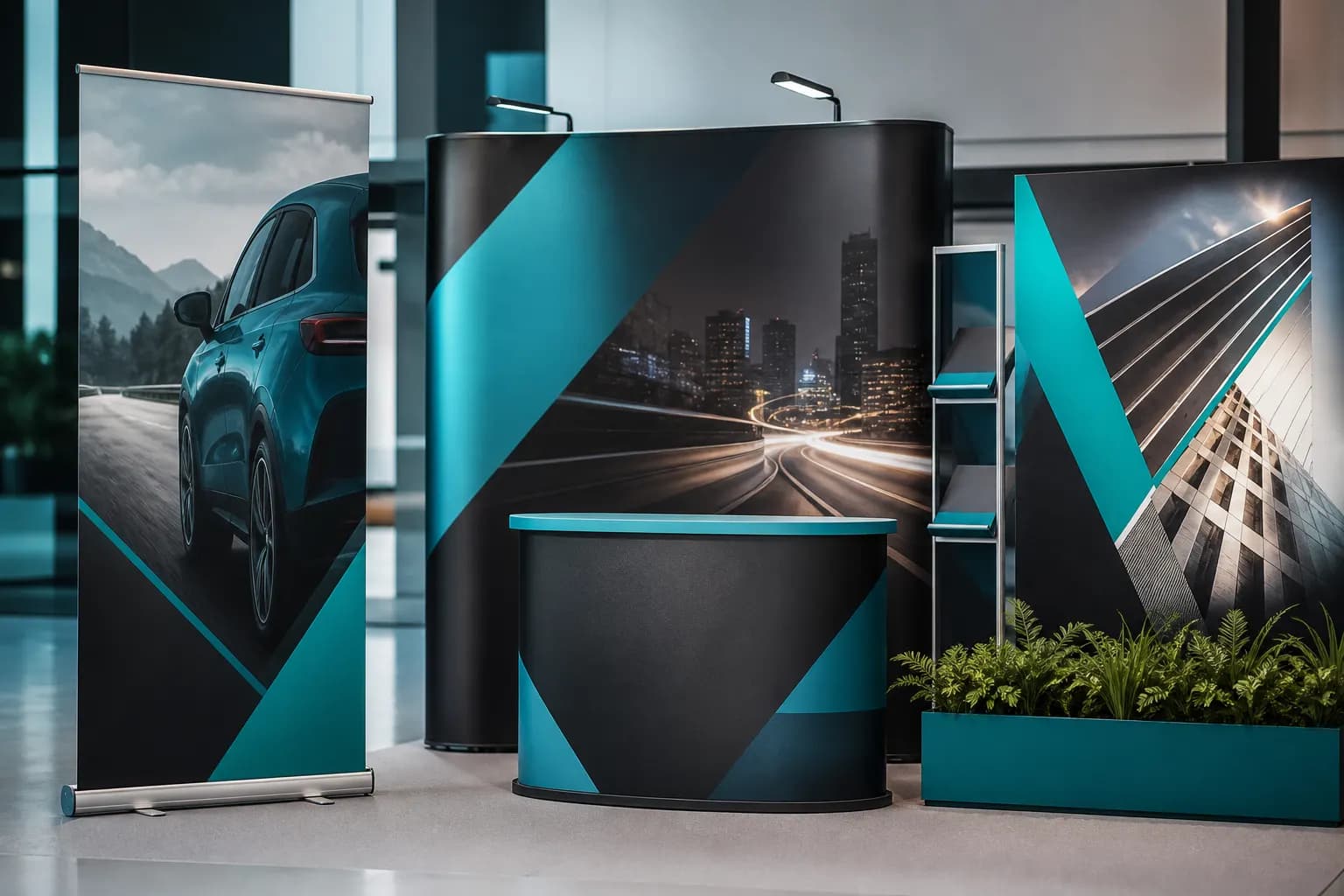 Material gráfico y displays promocionales en un espacio de exhibición